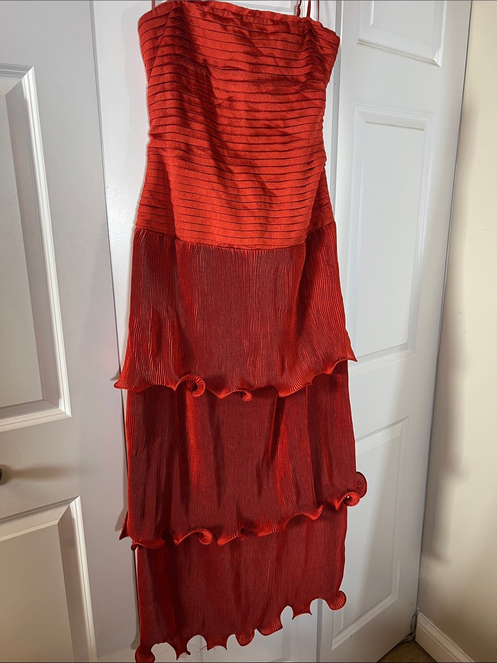 YAURA Elegant Red Tiered Strapless Maxi Dress with Ruffle Tiers